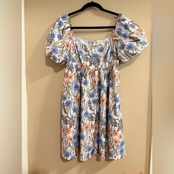 Altar'd State Dresses & Skirts - Alter’d State Floral Puff Sleeve Babydoll Dress Blue & Peach Flowers Medium